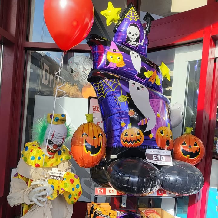 Halloween's here – red balloons and spooky stuff