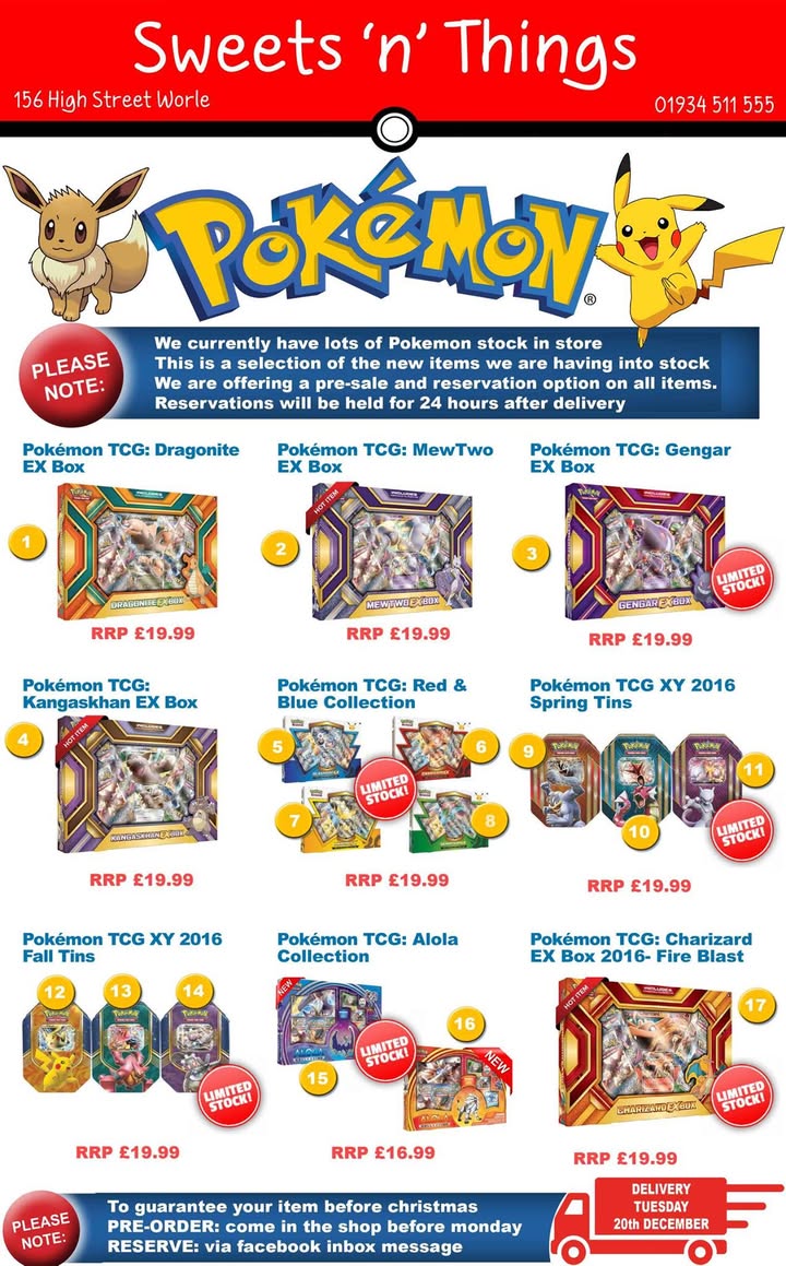 Pokémon stock arriving daily until Tuesday 20th