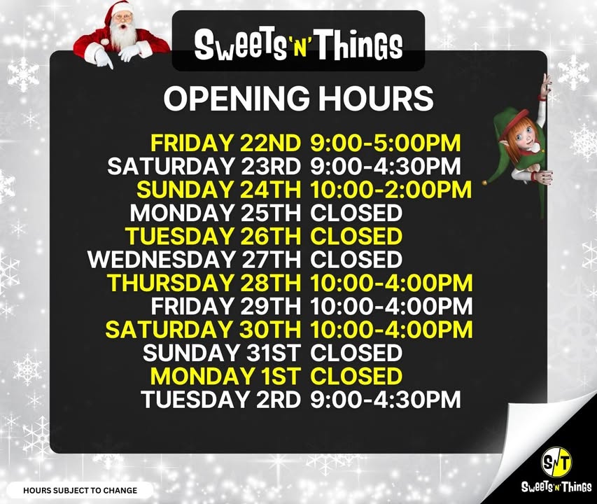 Our Christmas and New Year opening hours