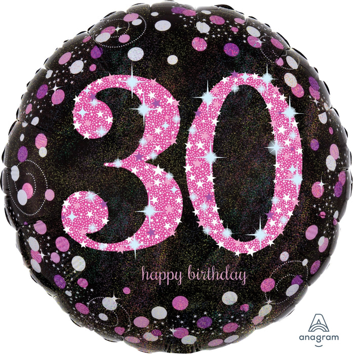 Pink and Black 30th Sparkle 18" Foil Balloon (Optional Helium Inflation)