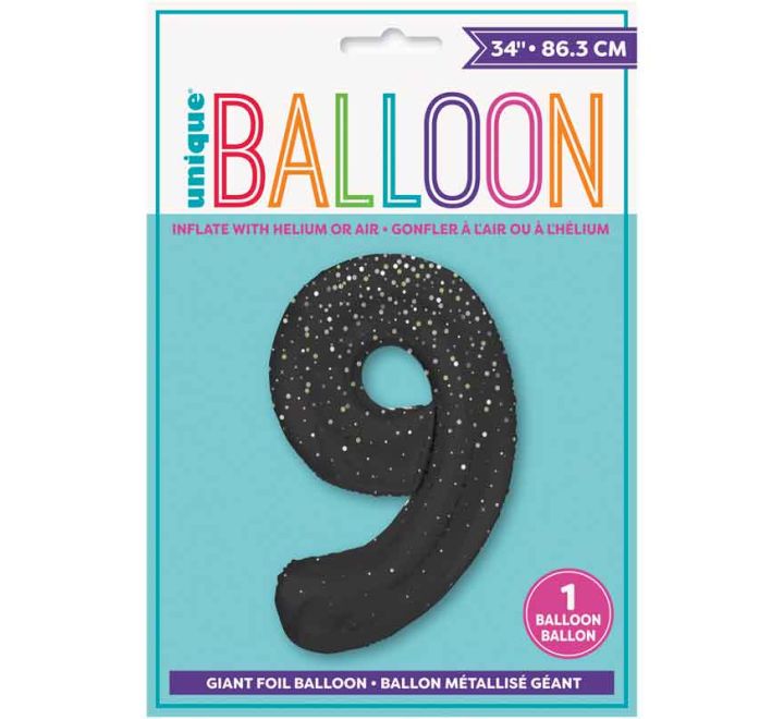 Black and Gold  Number 9 Giant Foil Helium Balloon 34" (Optional Helium Inflation)