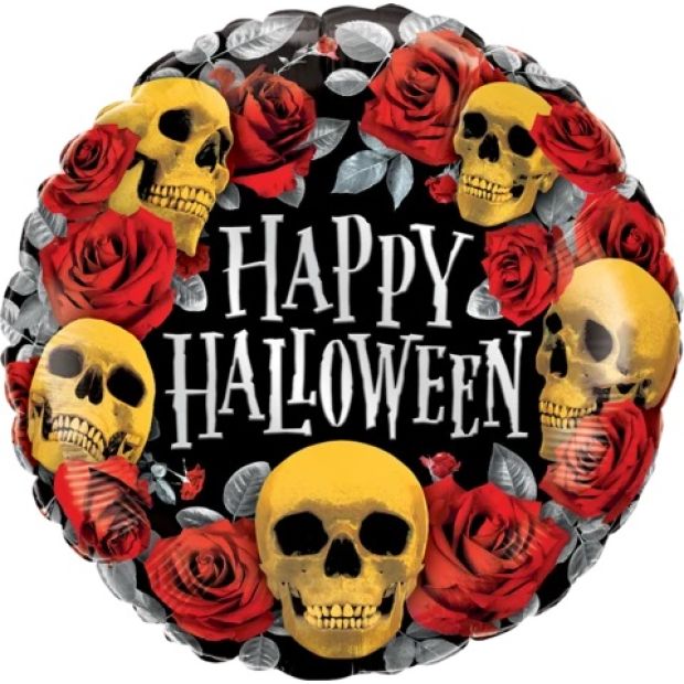 Happy Halloween Skulls & Roses 18" Foil Balloon (Optional Helium Inflation)