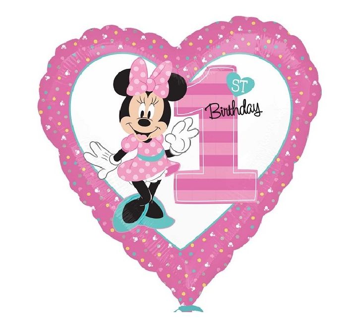 1st Birthday Minnie Mouse Balloon - Foil Helium (Optional Helium Inflation)