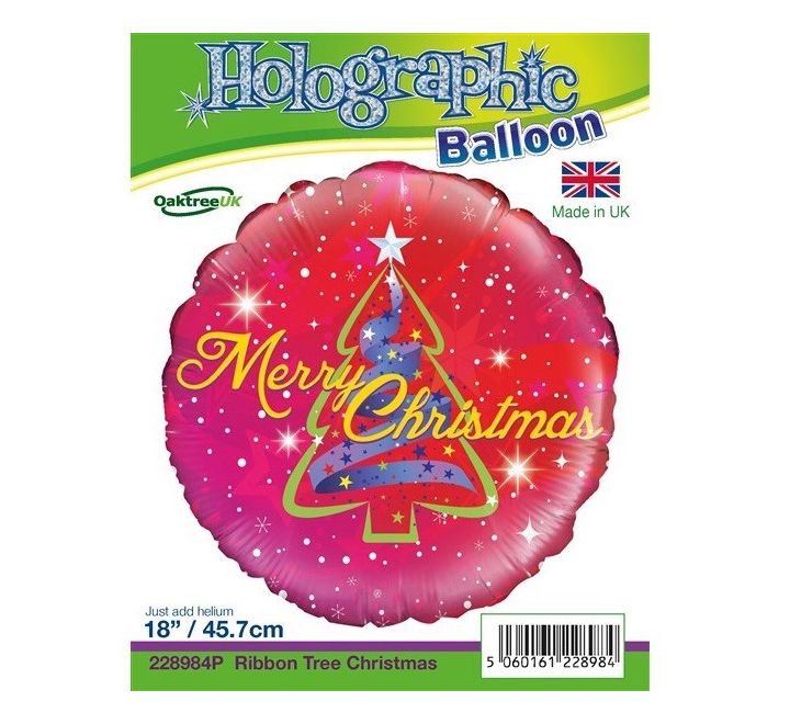 Christmas Round Foil Balloon Tree Ribbon Design 18" (Optional Helium Inflation)