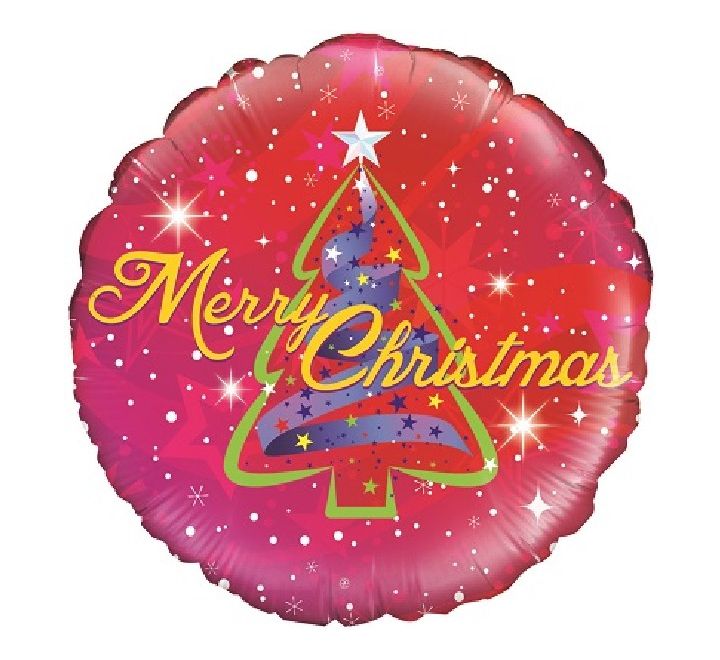 Christmas Round Foil Balloon Tree Ribbon Design 18" (Optional Helium Inflation)