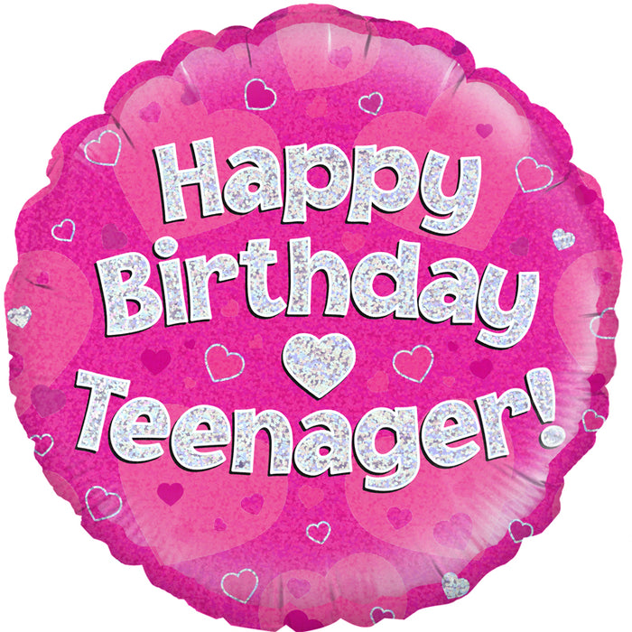 Happy Birthday Teenager Pink Holographic 18" Foil Balloon (Optional Helium Inflation)