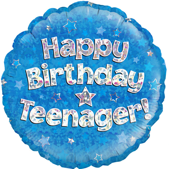 Happy Birthday Teenager Blue Holographic 18" Foil Balloon (Optional Helium Inflation)
