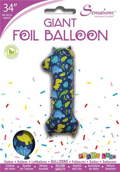 Dinosaur Pattern Blue Number 1 Giant Foil Balloon 34" (Optional Helium Inflation)