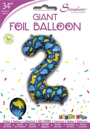 Dinosaur Pattern Blue Number 2 Giant Foil Balloon 34" (Optional Helium Inflation)