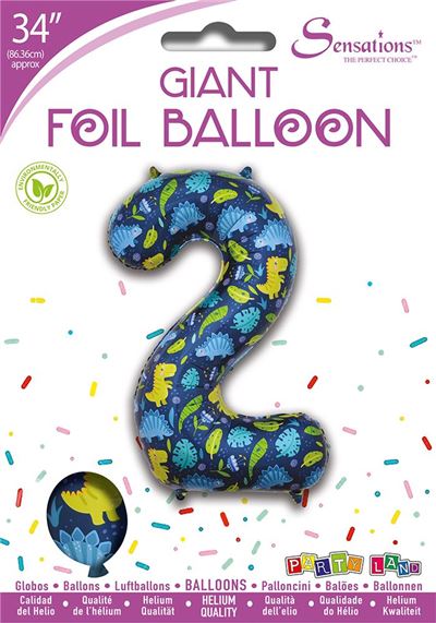 Dinosaur Pattern Blue Number 2 Giant Foil Balloon 34"