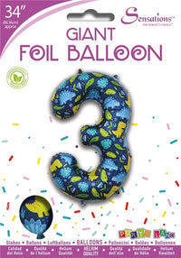Dinosaur Pattern Blue Number 3 Giant Foil Balloon 34" (Optional Helium Inflation)