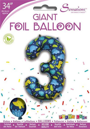 Dinosaur Pattern Blue Number 3 Giant Foil Balloon 34" (Optional Helium Inflation)