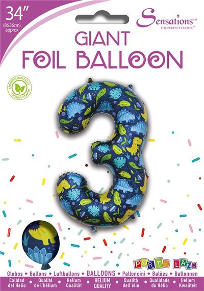 Dinosaur Pattern Blue Number 3 Giant Foil Balloon 34"
