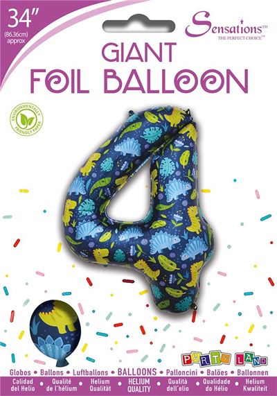Dinosaur Pattern Blue Number 4 Giant Foil Balloon 34"