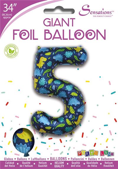 Dinosaur Pattern Blue Number 5 Giant Foil Balloon 34"