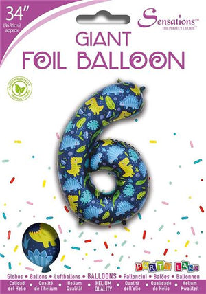 Dinosaur Pattern Blue Number 6 Giant Foil Balloon 34" (Optional Helium Inflation)