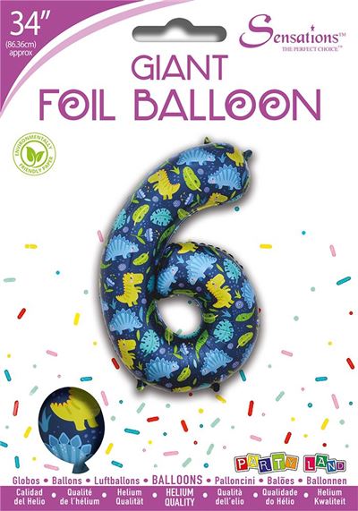 Dinosaur Pattern Blue Number 6 Giant Foil Balloon 34"