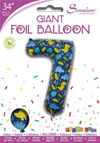 Dinosaur Pattern Blue Number 7 Giant Foil Balloon 34" (Optional Helium Inflation)