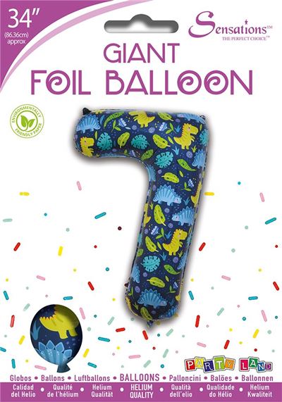 Dinosaur Pattern Blue Number 7 Giant Foil Balloon 34"