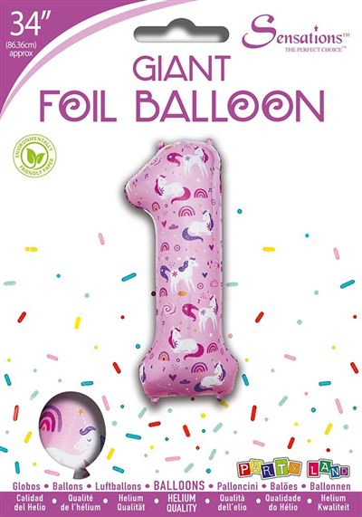 Unicorn Pattern Pink Number 1 Giant Foil Balloon 34" (Optional Helium Inflation)