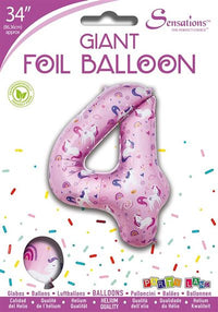Unicorn Pattern Pink Number 4 Giant Foil Balloon 34" (Optional Helium Inflation)