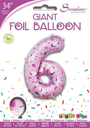Unicorn Pattern Pink Number 6 Giant Foil Balloon 34" (Optional Helium Inflation)