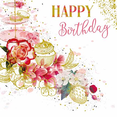 Birthday Card - Floral Cake & Flowers Design