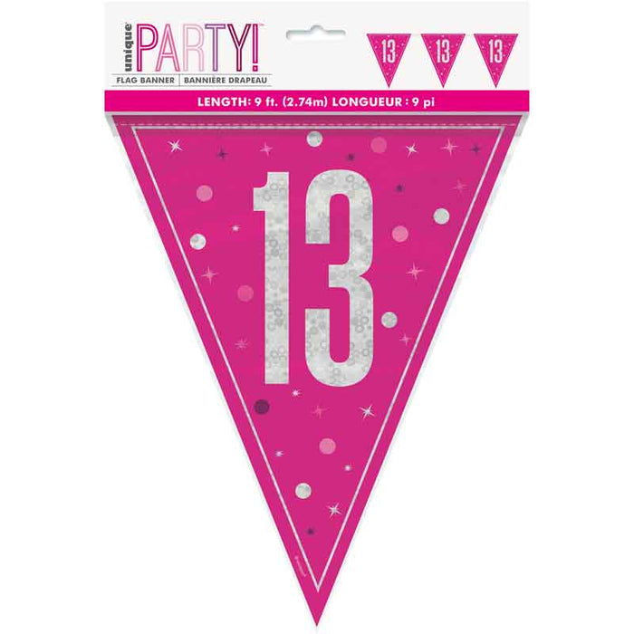 13th Birthday Flag pink silver