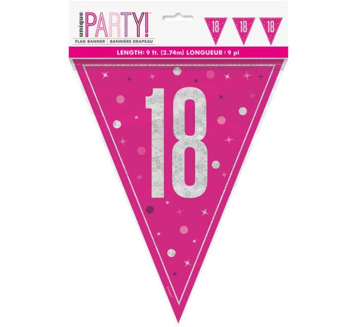 Flag Banner 18th Birthday Pink Glitz
