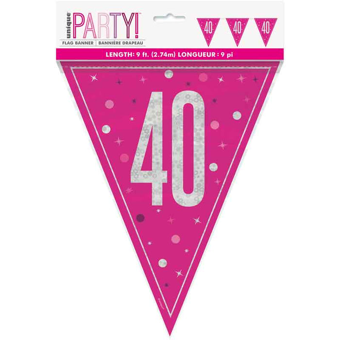 Banner Cerise Flag 40th Birthday pink silver
