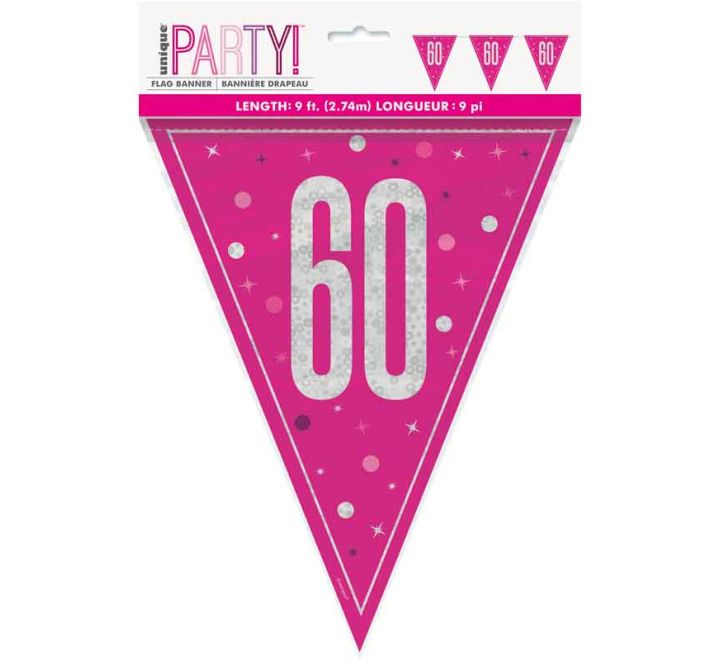 Flag Banner 60th Birthday Pink Glitz