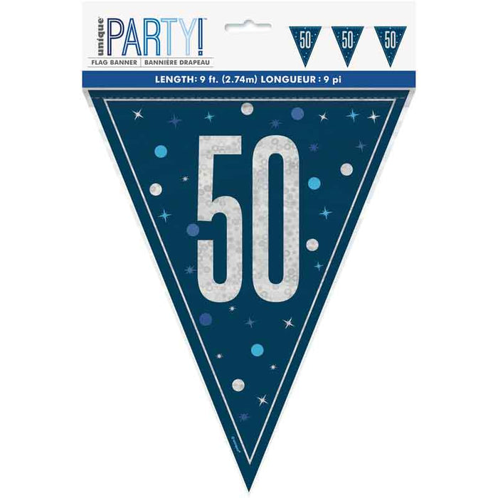 Blue 50th Banner Flag Navy Silver