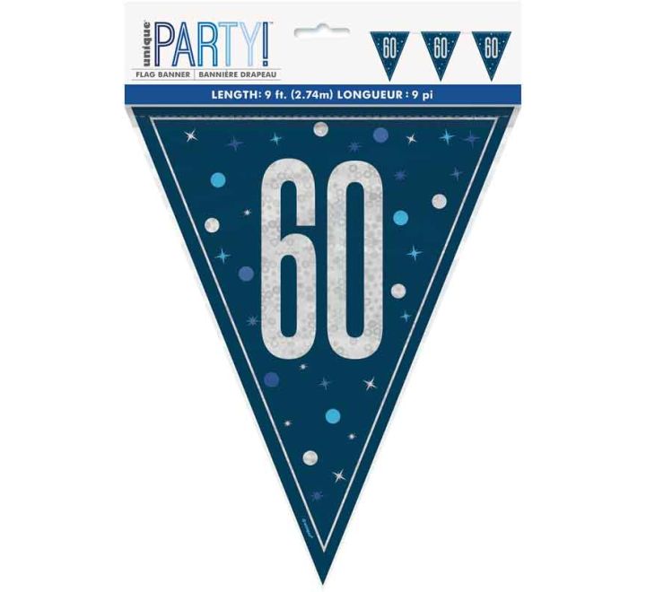 Flag Banner 60th Birthday Blue Glitz