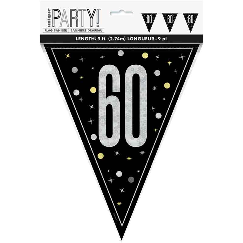 Black and Silver 60th Flag Banner Birthday