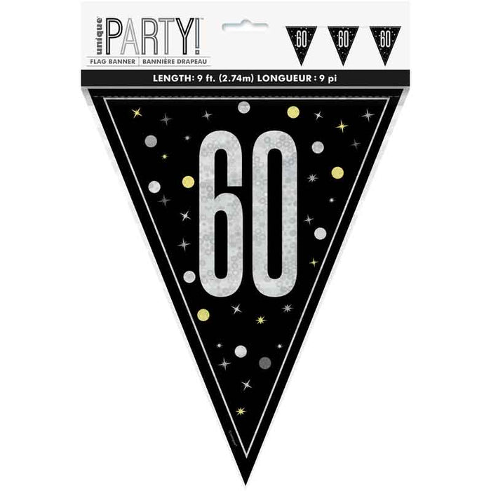 Black and Silver 60th Flag Banner Birthday
