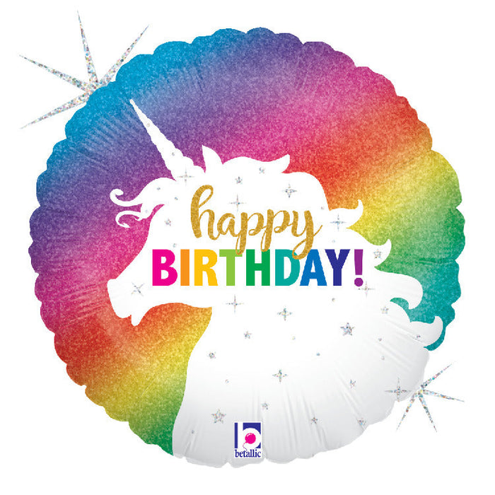 36" Round Unicorn Rainbow Happy Birthday Supershape Foil Balloon (Optional Helium Inflation)