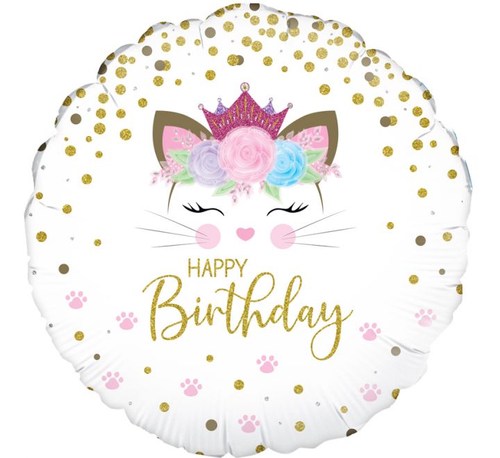 Happy Birthday Floral Kitten Design Foil Balloon (Optional Helium Inflation)