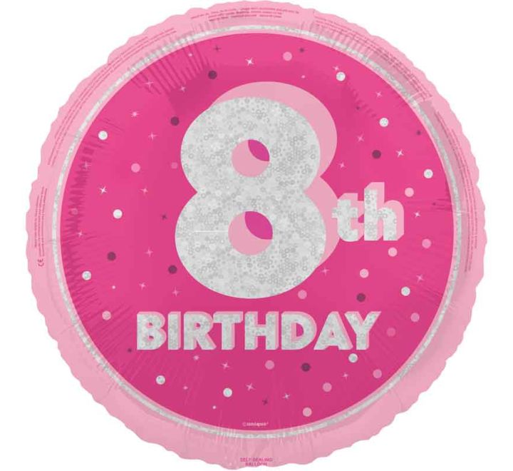 8th Birthday Pink Holographic Balloon (Optional Helium Inflation)