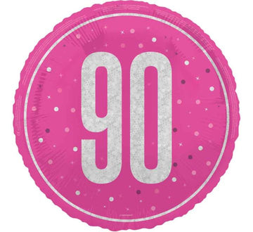 90th Pink Glitz Helium Filled Foil Balloon (Optional Helium Inflation)