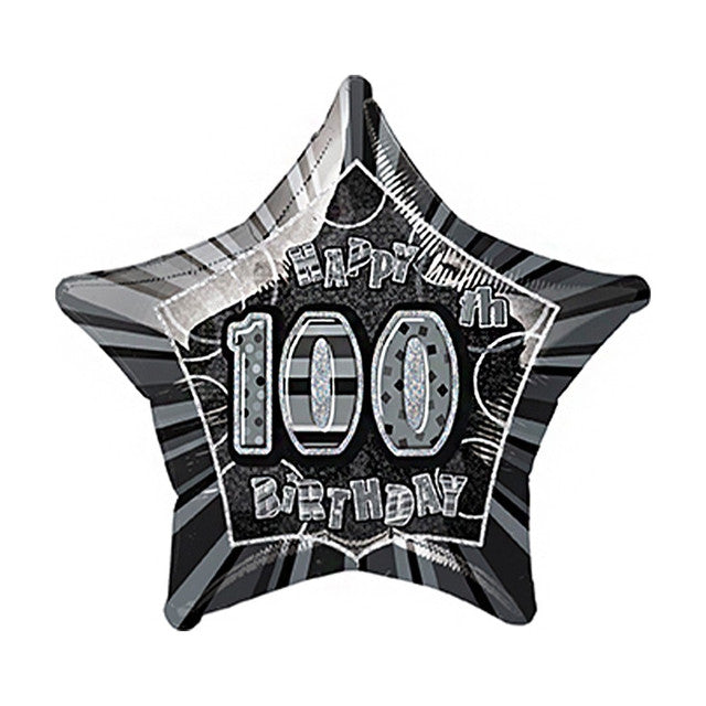 Happy 100th Birthday Black Star- Helium Filled Foil Balloon (Optional Helium Inflation)