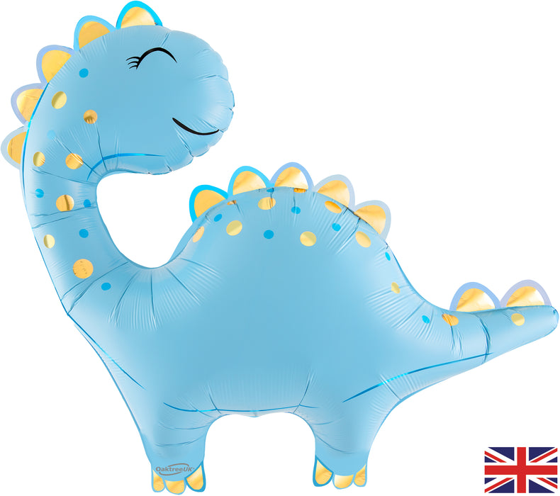 33.5" Cute Dino Blue Metallic Supershape Foil Balloon (Optional Helium Inflation)