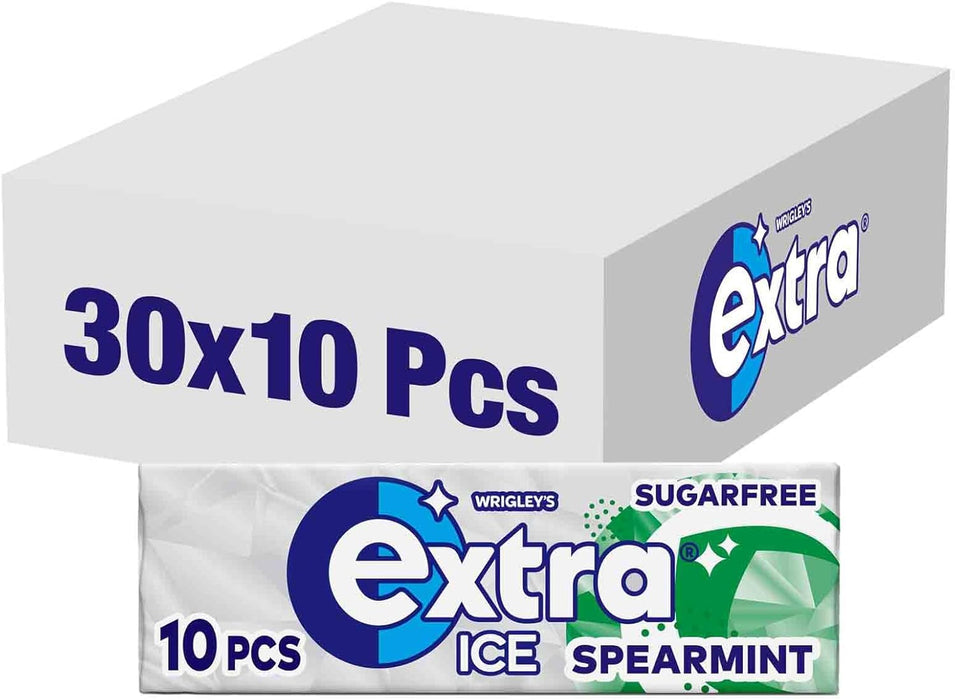 Wrigley's Extra Ice Chewing Gum, Ice Spearmint Flavour with Microgranules, 30 Packs of 10 Pieces, Sugar Free Bulk Pack Gum with Xylitol (300 pieces))