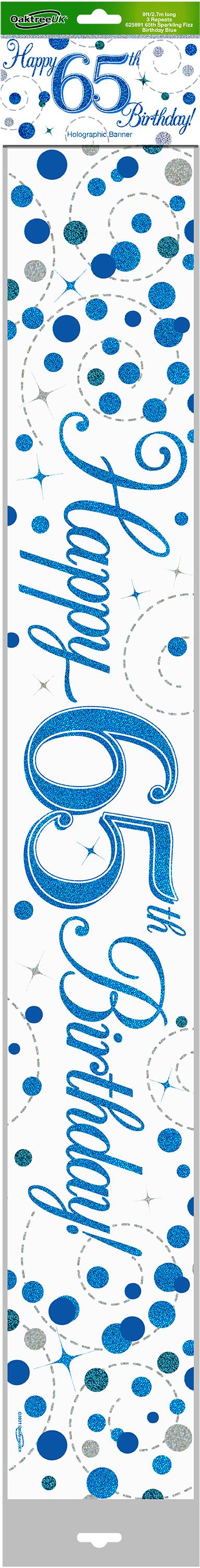 9ft Banner Happy 65th Birthday Blue Holographic