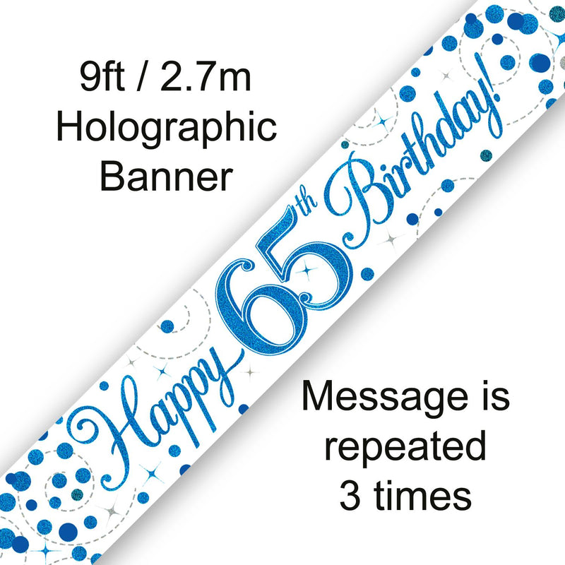 9ft Banner Happy 65th Birthday Blue Holographic