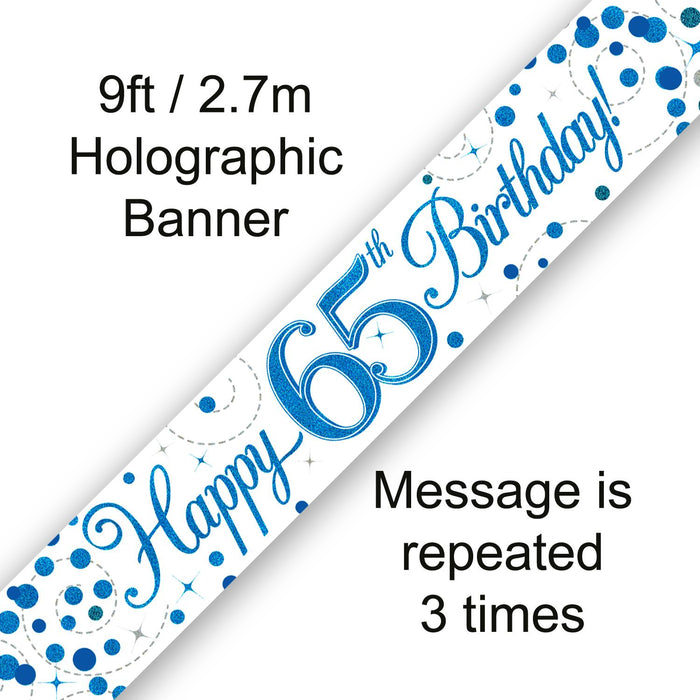 9ft Banner Happy 65th Birthday Blue Holographic