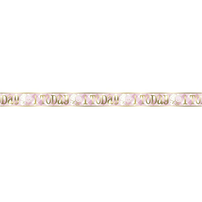 Foil Pink Gingham 1st Birthday Banner 12 ft Long Fold