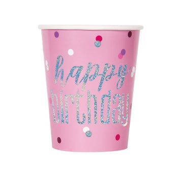 Birthday Glitz Pink Happy Birthday Prismatic Foil 9oz Paper Cups 8 Pack