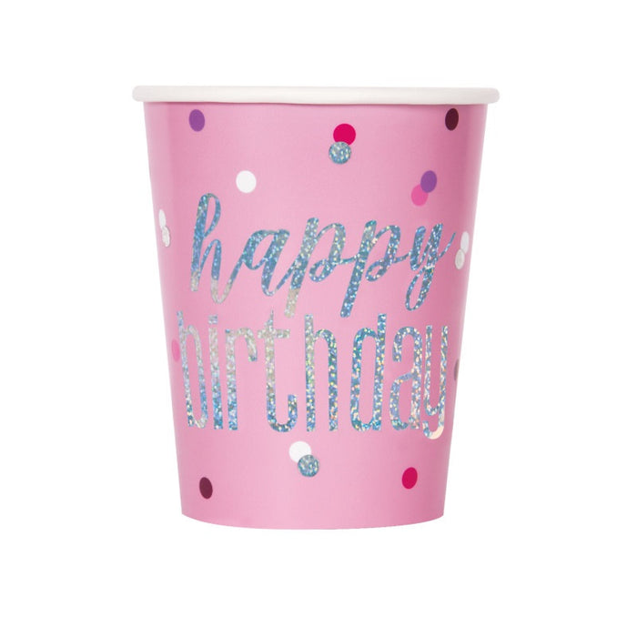 Birthday Glitz Pink Happy Birthday Prismatic Foil 9oz Paper Cups 8 Pack