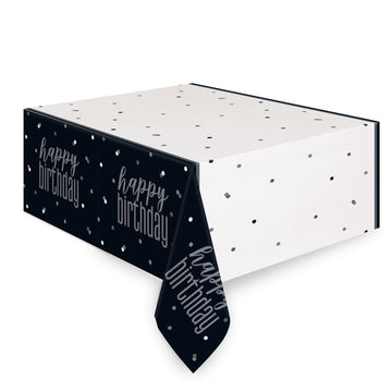Glitz Black & Silver "Happy Birthday" Plastic Table Cover 54"x84"