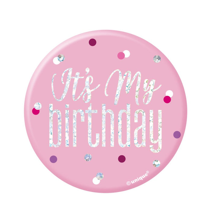 Glitz Pink & Silver Birthday Badge "It's My Birthday" design